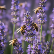 A close-up shot of a honeybee covered in pollen, actively pollinating a vibrant purple lavender flower in a field. 