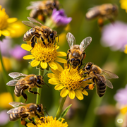 A close-up, high-definition image of honey bees covered in golden pollen, flying between vibrant wildflowers under warm sunlight, collecting nectar and spreading pollen. The background is blurred, highlighting the bees' intricate and vital role in pollination.
