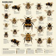 A detailed identification chart showcasing various bumblebee species with illustrations and descriptions of their distinct features, including size, color patterns, and hairiness.