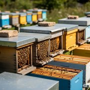 A captivating image showcasing a network of honey bee colonies in a natural setting. The colonies are nestled within a diverse array of beehives, including traditional wooden structures and modern, environmentally friendly designs.