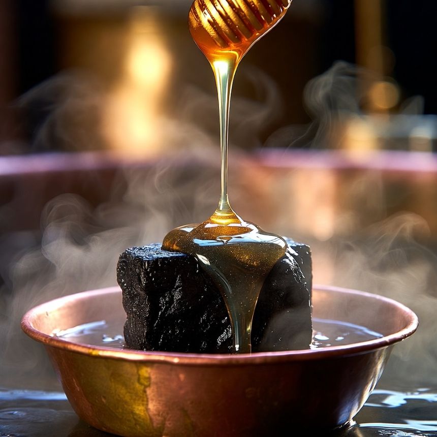Moroccan honey being drizzled over black soap in a traditional copper bowl