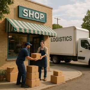 A small neighborhood shop receiving packaged deliveries from a logistics truck in a suburban setting